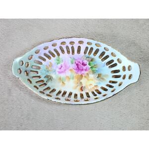 Articulated Candy Dish Trinket Dish 6 1/4" ACI Japan Porcelain Gold Trim 70s Vtg